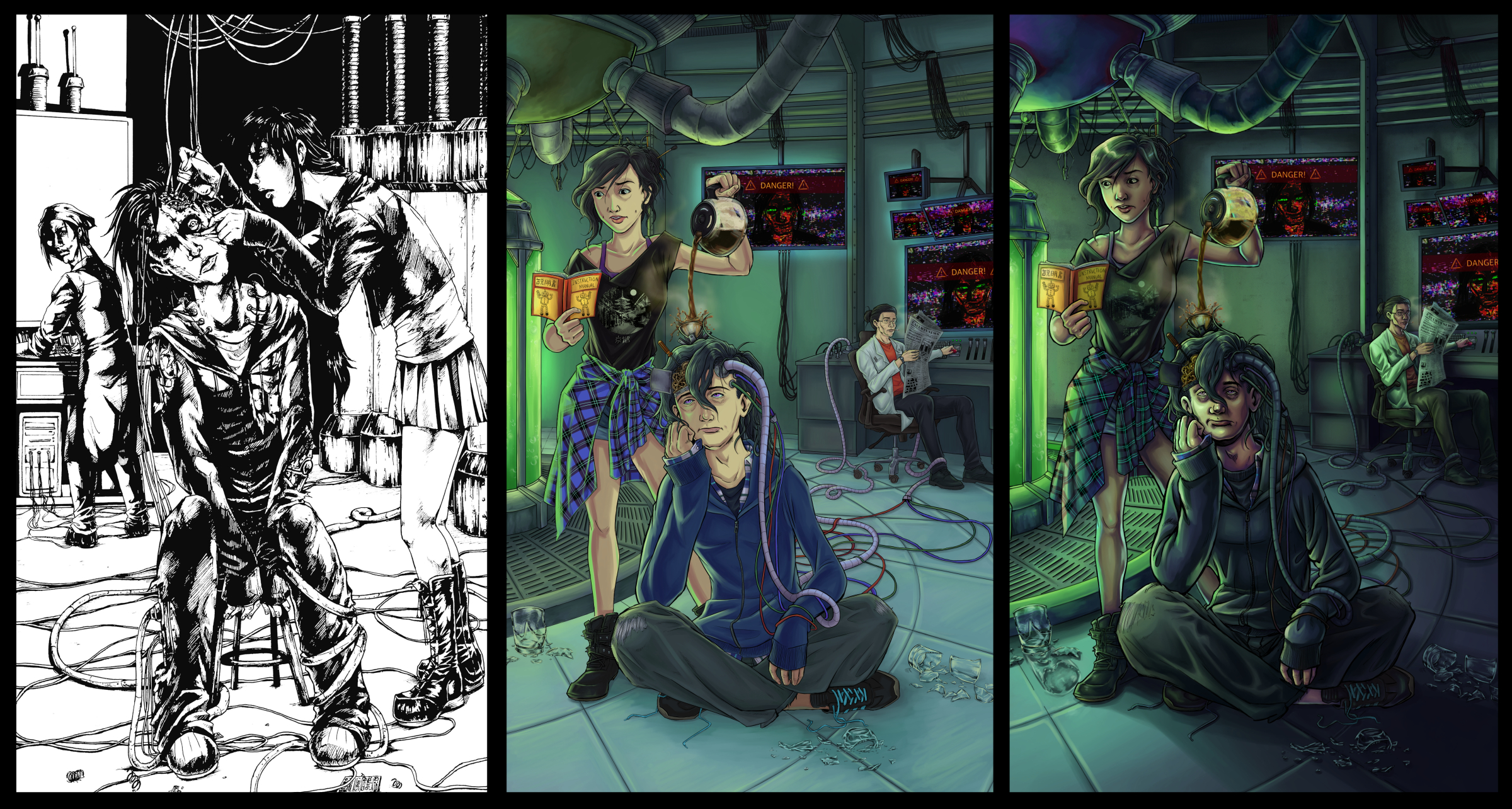 Side-by-side comparison of an early black-and-white Nocturne 21 illustration, a newer full-color rendition of the same laboratory scene, and a final version created in 2025