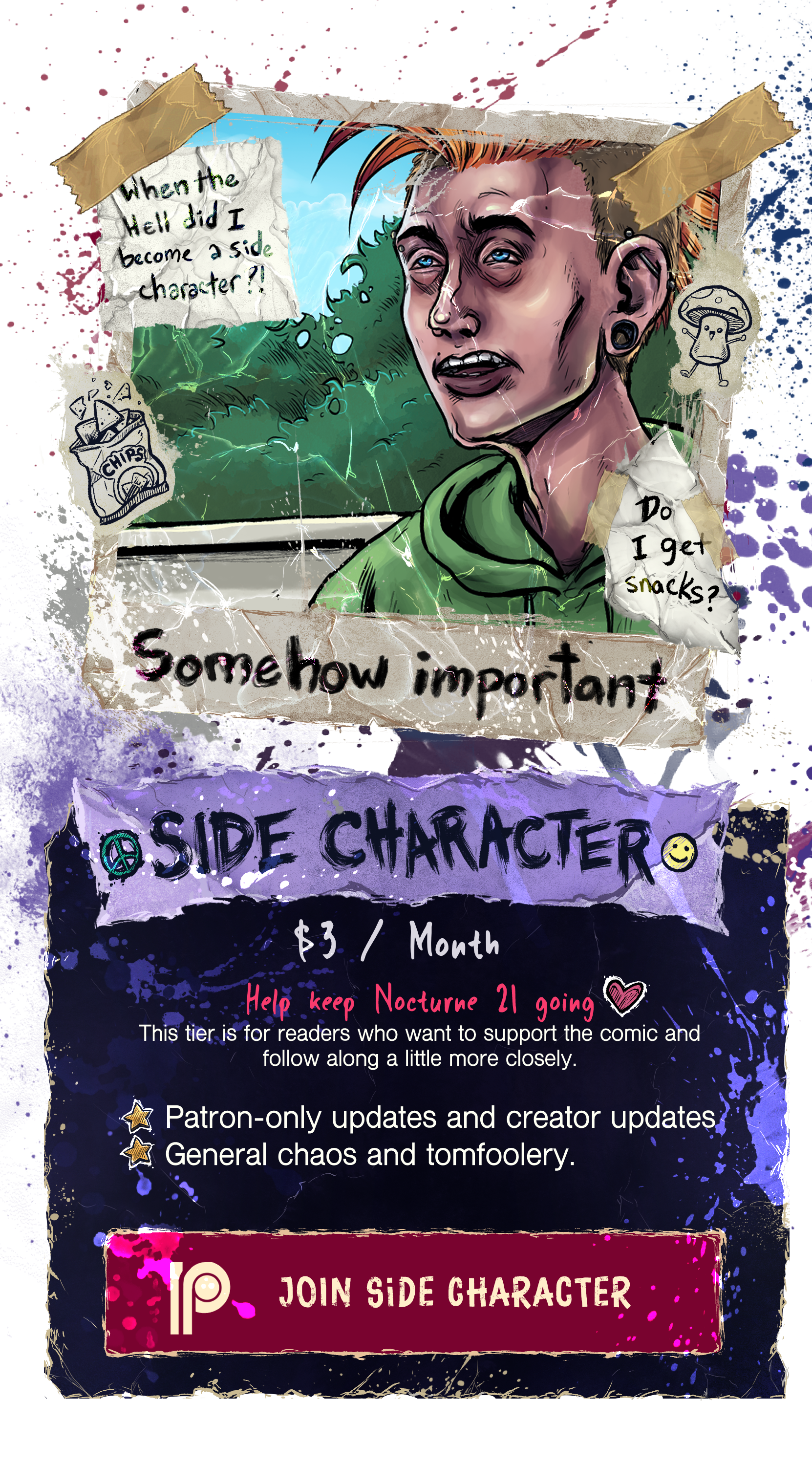 Side Character Patreon tier, $3 per month, featuring Griff and the illustrated Join Side Character button