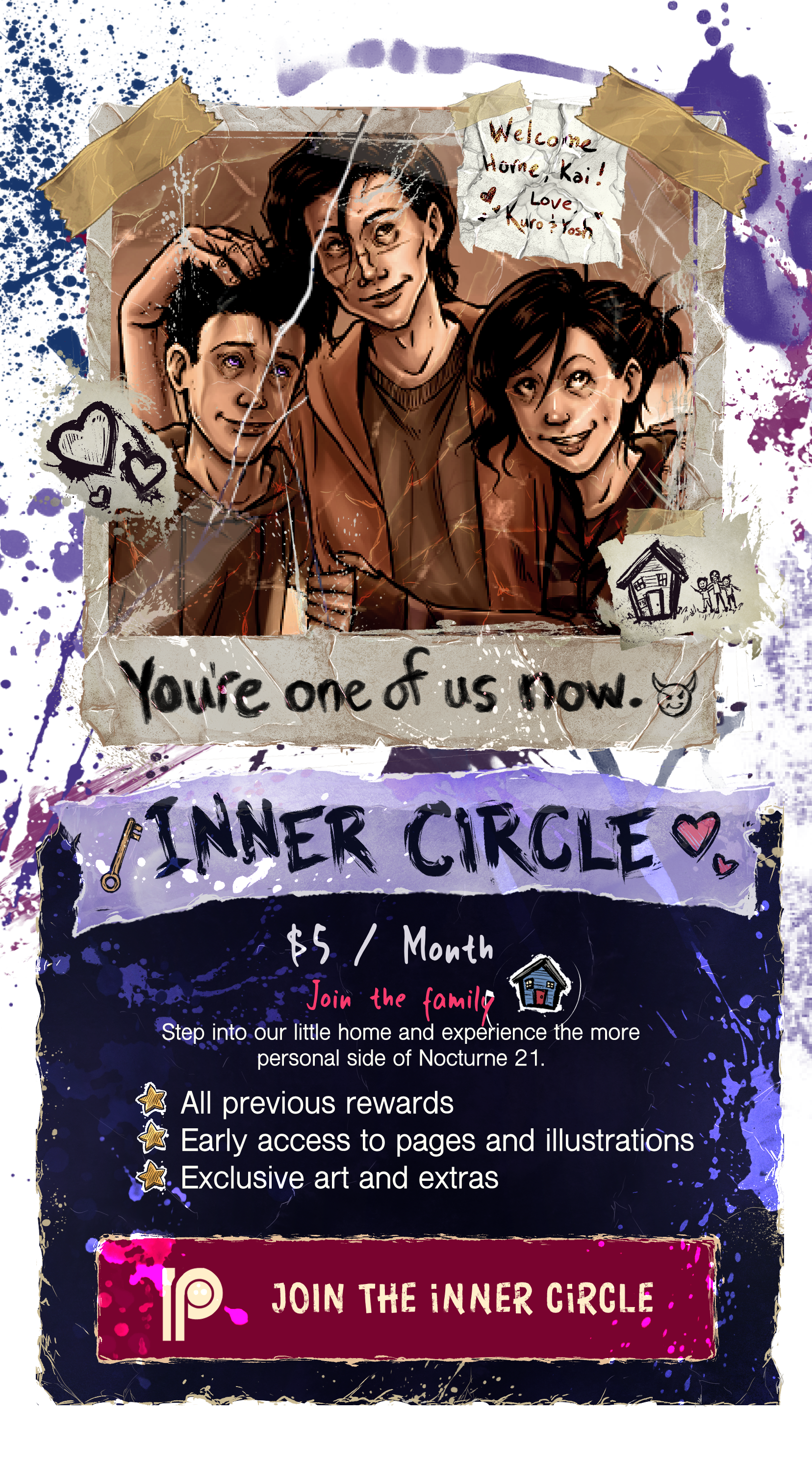 Inner Circle Patreon tier, $5 per month, featuring Kai, Yoshiko and Kuro and the illustrated Join the Inner Circle button