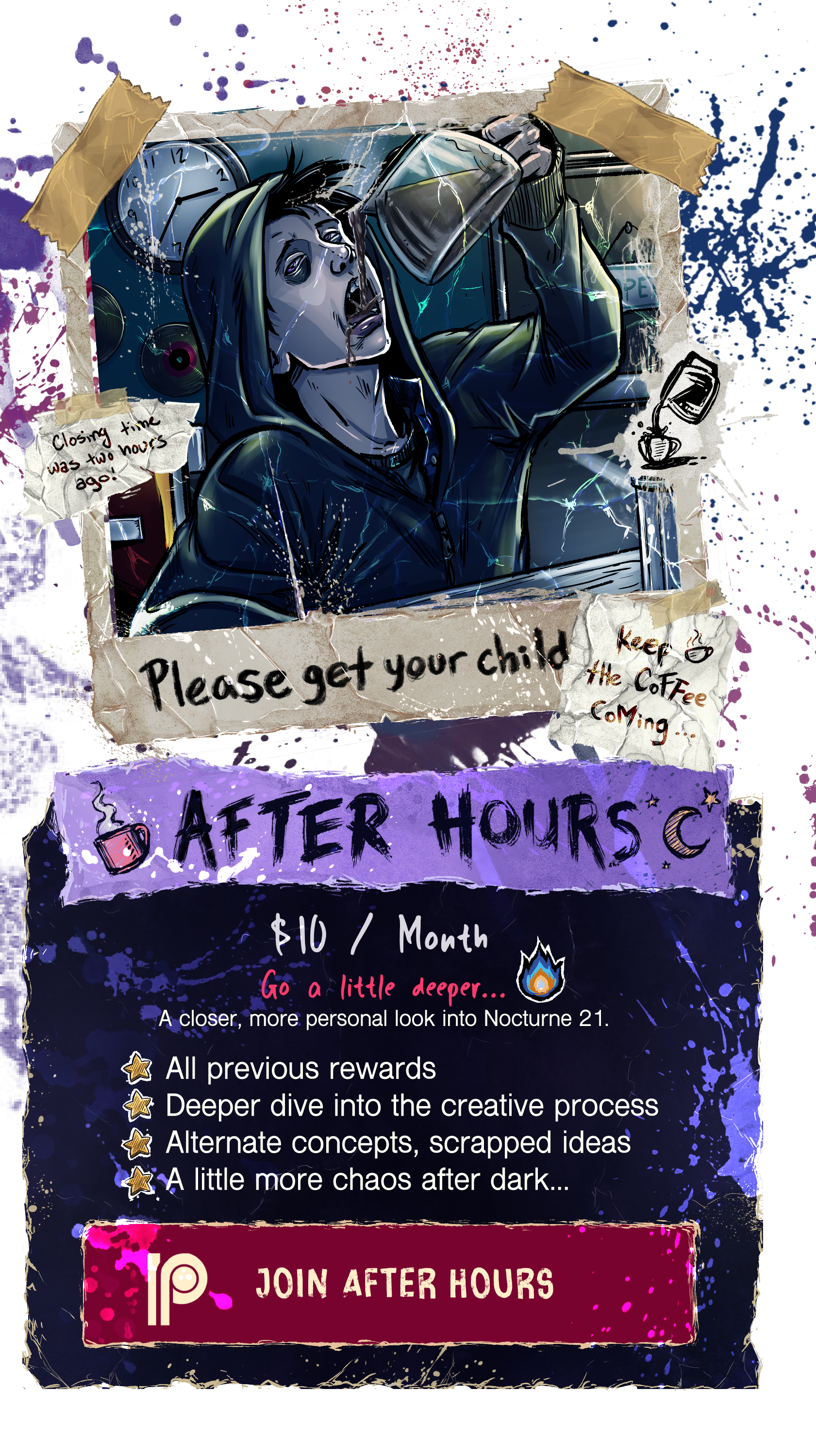 After Hours Patreon tier, $10 per month, featuring Kai with coffee and the illustrated Join After Hours button
